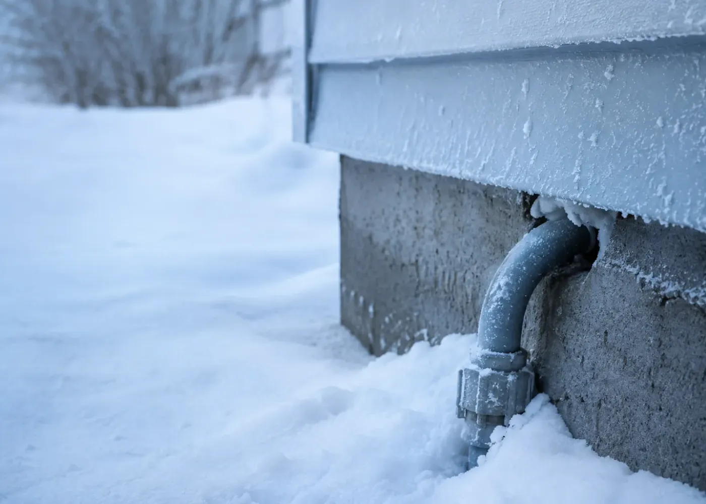 A pipe entering a house foundation in the snow