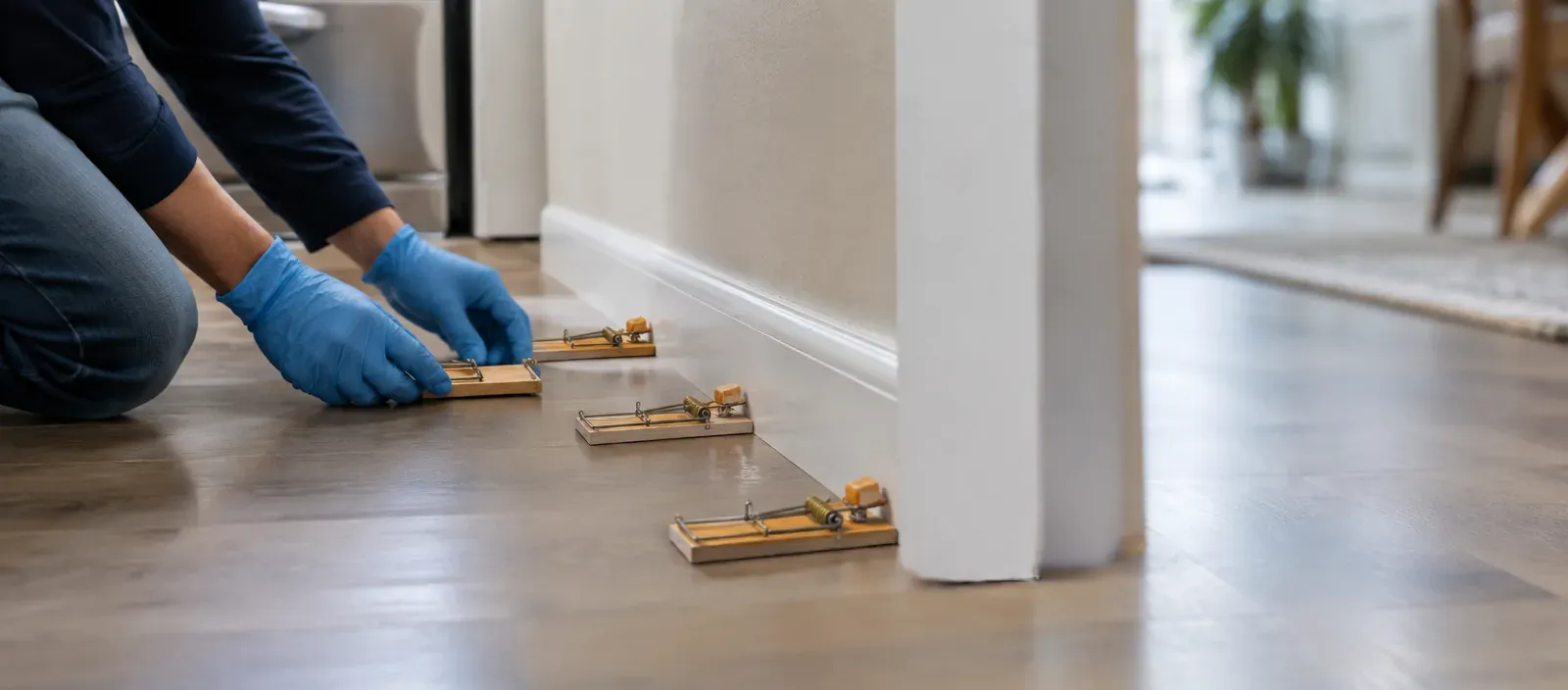 Gloved hands setting snap traps along a baseboard