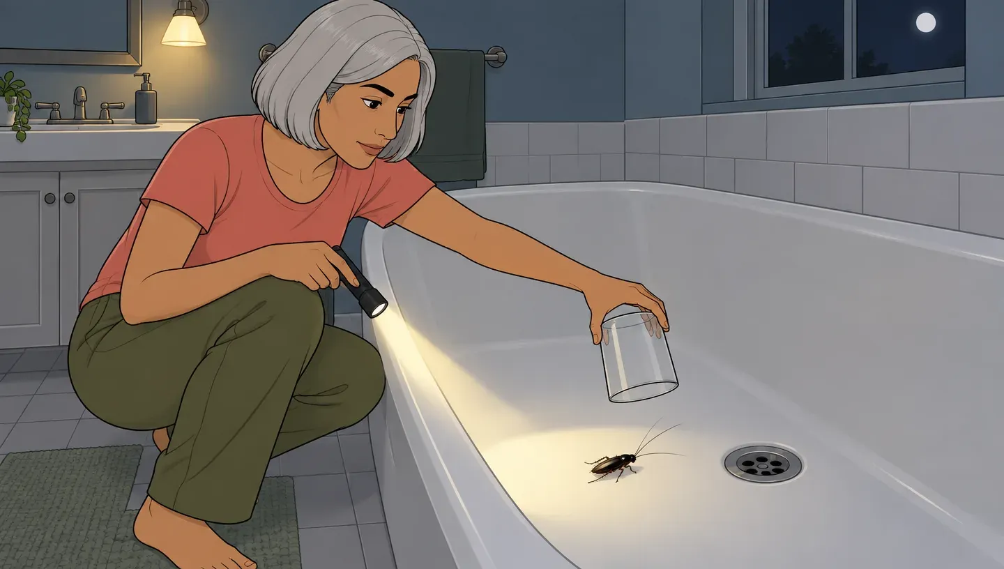 A woman in a lavender blouse shines a flashlight on a large dark cockroach in a bathtub and holds a clear glass ready to cover it
