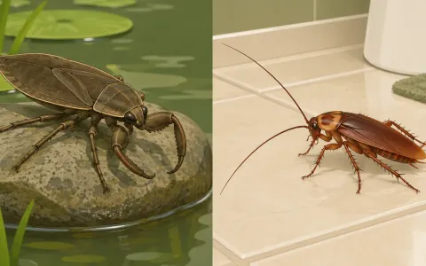 Illustration: two halves: left, a large flat brown water bug with grasping front legs resting on a pond stone; right, a reddish-brown American cockroach with long antennae on a bathroom tile floor.