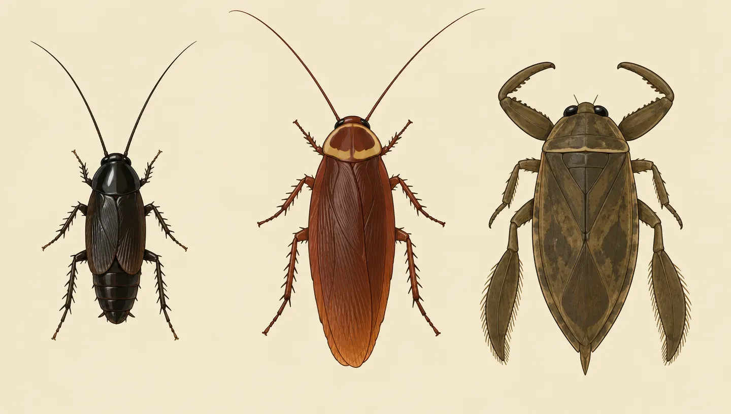 Top view of an oriental cockroach, an American cockroach and a giant water bug side by side at the same scale