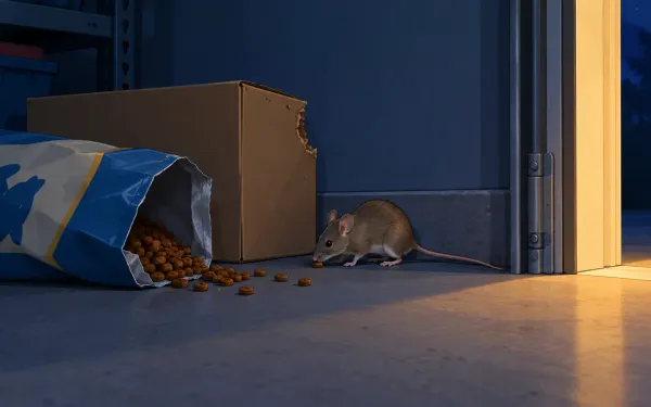 Illustration: garage corner at night: an open bag of dry pet food spilling a few kibbles, a cardboard box with a chewed corner, and a mouse sniffing at the kibble along the wall.