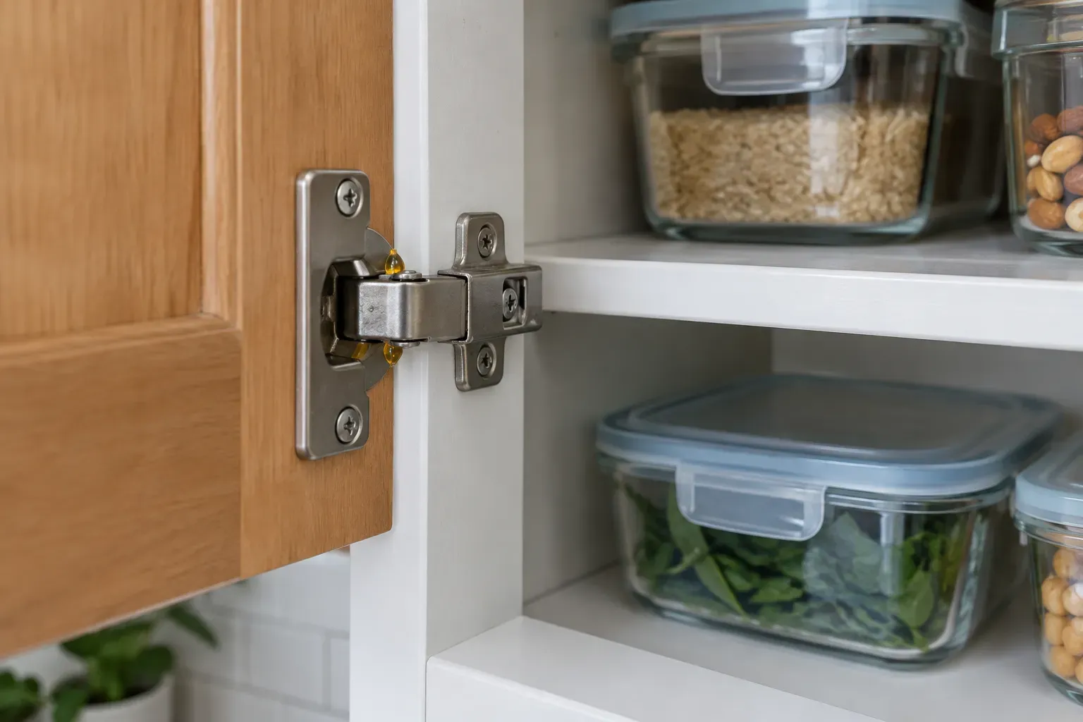 Pea-sized dabs of roach gel bait placed in the hinge gap of a kitchen cabinet door, with clean shelves and sealed food containers behind