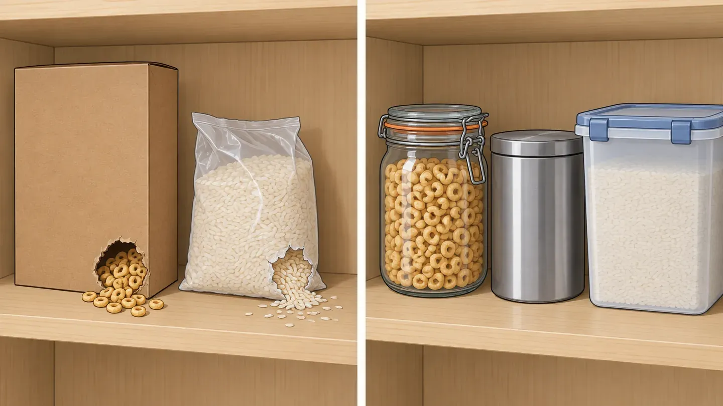 Two panels: a cardboard cereal box with a round gnawed hole and a torn thin plastic bag of rice, beside a glass jar, a metal canister and a thick plastic bin, all with tight lids