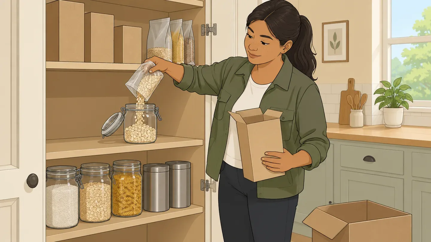 A woman in an olive jacket moves pantry food from paper boxes and thin bags into glass and metal containers with tight lids