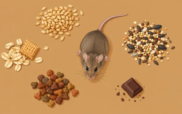Illustration: top-down flat lay of foods mice eat arranged around a small mouse: grains, seeds, a piece of cereal, pet kibble, birdseed, a crumb of chocolate.