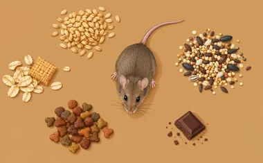 Illustration: top-down flat lay of foods mice eat arranged around a small mouse: grains, seeds, a piece of cereal, pet kibble, birdseed, a crumb of chocolate.