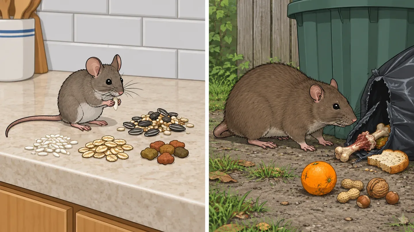 Two panels comparing food a house mouse eats, such as grains, seeds and dry pet food, with food a Norway rat eats, such as meat scraps, fruit and garbage