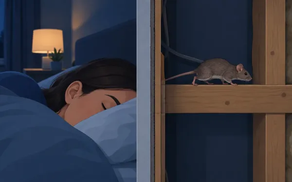 Illustration: two halves: left, a dark bedroom at night with a person's ear on a pillow near the wall; right, behind the same wall, a mouse scurrying along a joist inside the wall cavity.