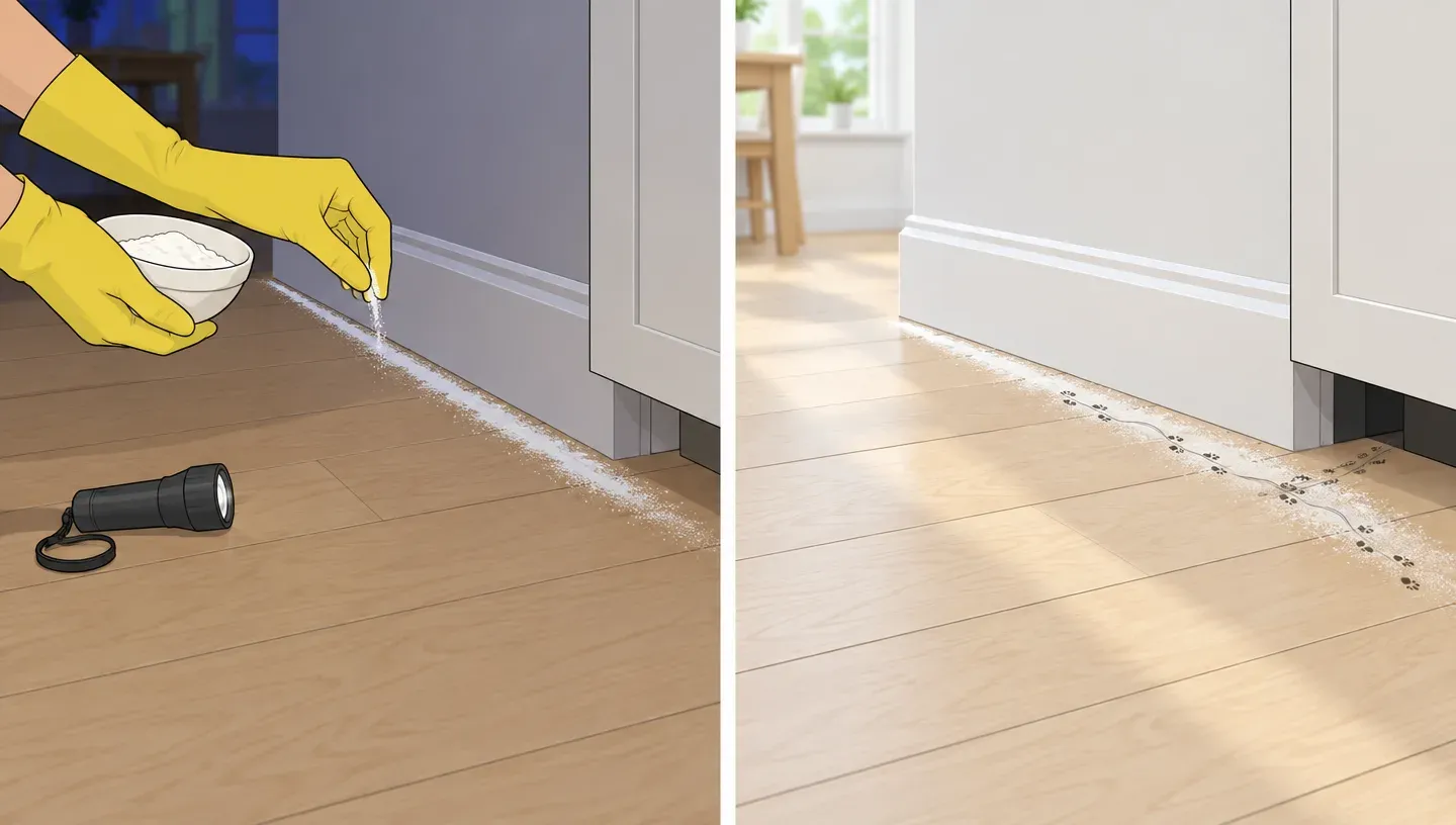 Two panels: gloved hands sprinkling a thin line of flour along a kitchen baseboard, and the same flour the next morning with tiny mouse footprints