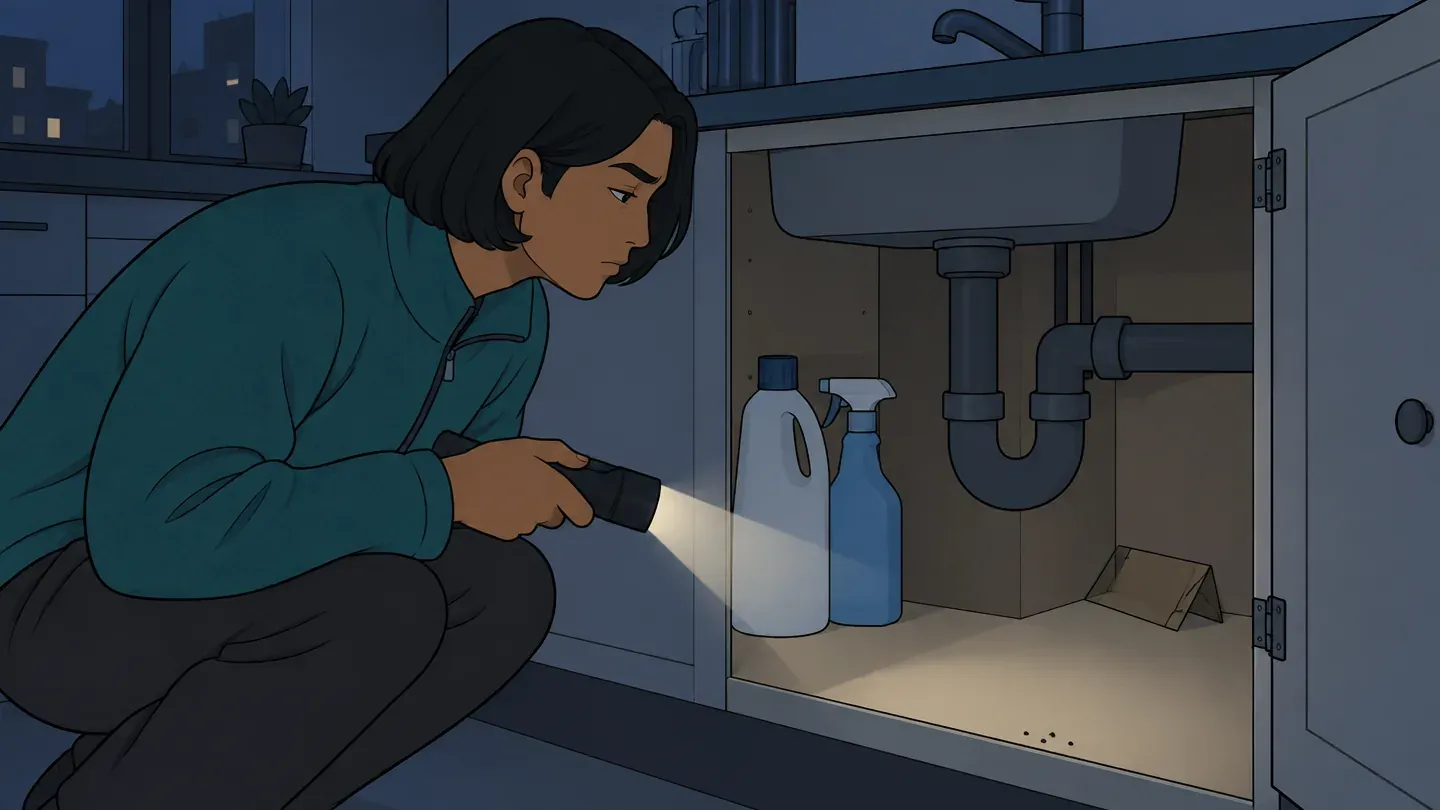 A young man in a teal fleece leans into an under-sink cabinet with a flashlight, checking a roach smell