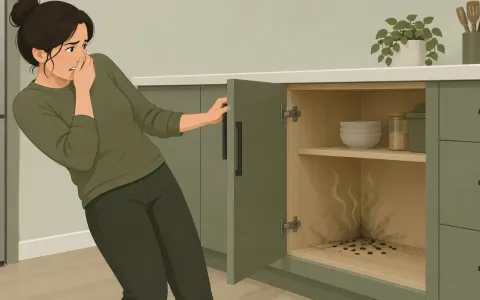 Illustration: person opening a kitchen cabinet and recoiling slightly, with a few wavy stylized odor lines coming out, dark smear marks and droppings in the cabinet corner.