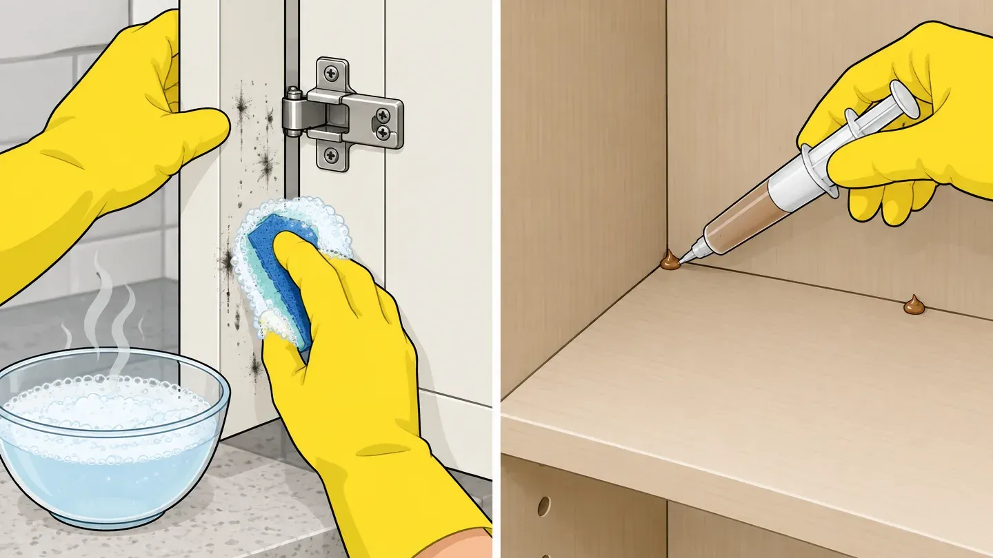 Two panels: gloved hands scrubbing roach droppings off a cabinet hinge, and a small dab of gel bait in a dry cabinet corner