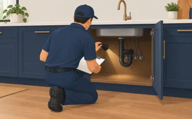 Illustration: pest control technician in a plain uniform, seen from behind, kneeling to shine a flashlight under a kitchen sink cabinet while holding a clipboard.