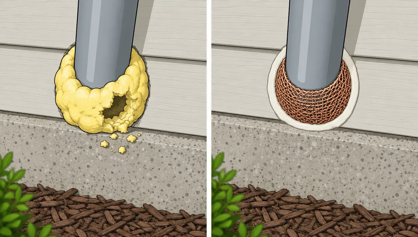 Two panels: a mouse hole plugged only with expanding foam that has been gnawed through, and a hole packed with copper mesh and sealed with caulk