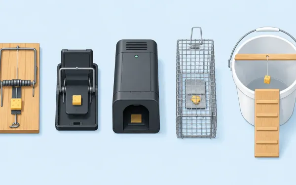 Illustration: top-down lineup of mouse trap types on a light background, each clearly drawn: wooden snap trap, plastic snap trap, electronic trap, live-catch box trap, bucket trap.