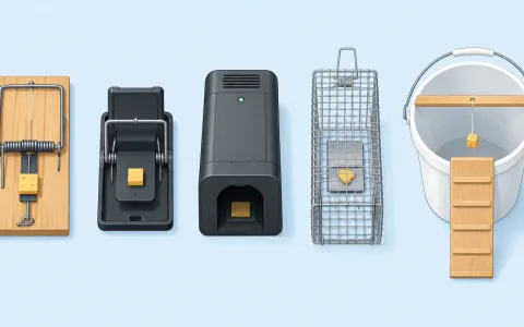 Illustration: top-down lineup of mouse trap types on a light background, each clearly drawn: wooden snap trap, plastic snap trap, electronic trap, live-catch box trap, bucket trap.