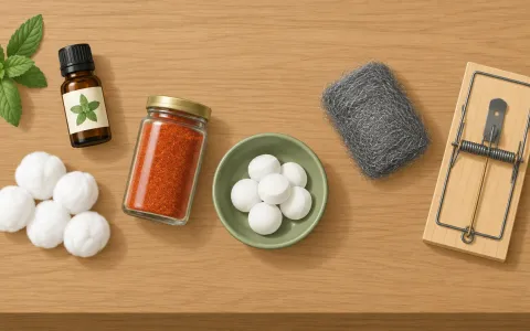 Illustration: top-down flat lay on a wooden shelf: a small bottle of peppermint oil, cotton balls, a jar of cayenne, a few mothballs in a dish, and a steel wool pad and a rat snap trap set apart on the right.