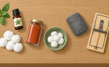 Illustration: top-down flat lay on a wooden shelf: a small bottle of peppermint oil, cotton balls, a jar of cayenne, a few mothballs in a dish, and a steel wool pad and a rat snap trap set apart on the right.