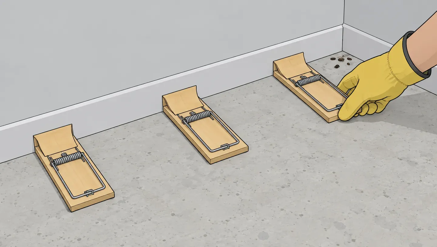 Rat-size snap traps set at right angles to a garage wall with the trigger ends touching the baseboard, a gloved hand placing the last one