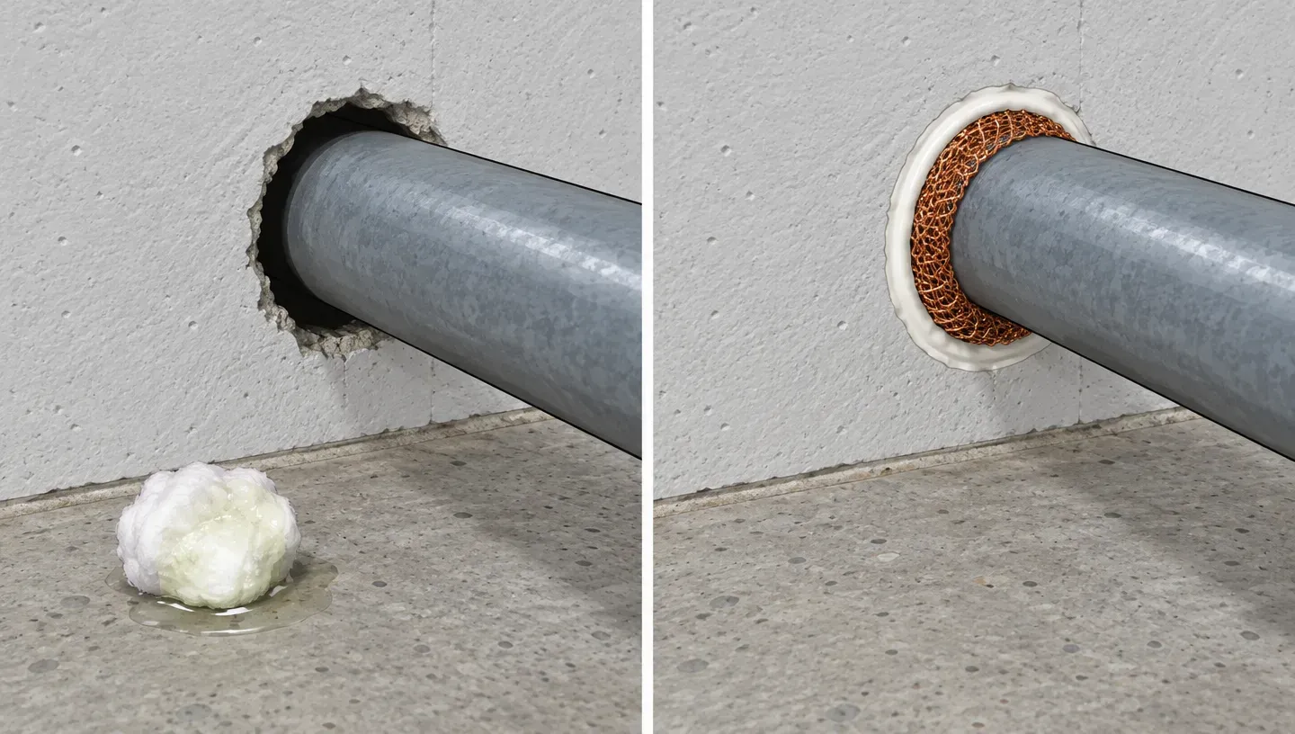 Two panels: a peppermint-soaked cotton ball beside an open gap around a pipe, then the same gap packed with copper mesh and sealed