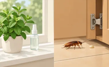 Illustration: two halves: left, a peppermint plant and a small spray bottle on a windowsill; right, a cockroach walking past a cabinet hinge with a pea-sized dot of gel bait.