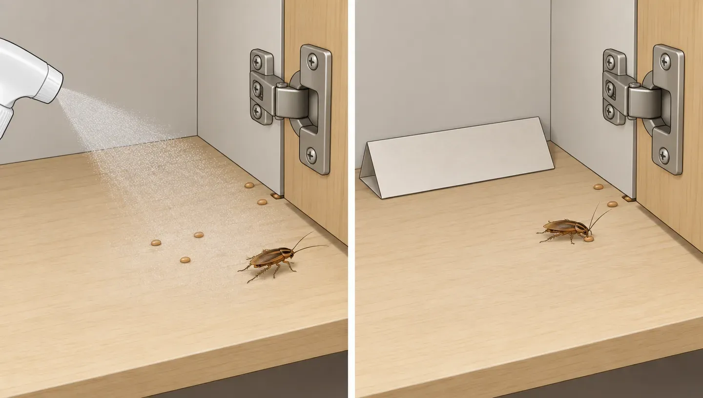 Two panels: citrus spray misting a cabinet floor next to gel bait dots, and the same cabinet corner with bait dots and a sticky trap and no spray