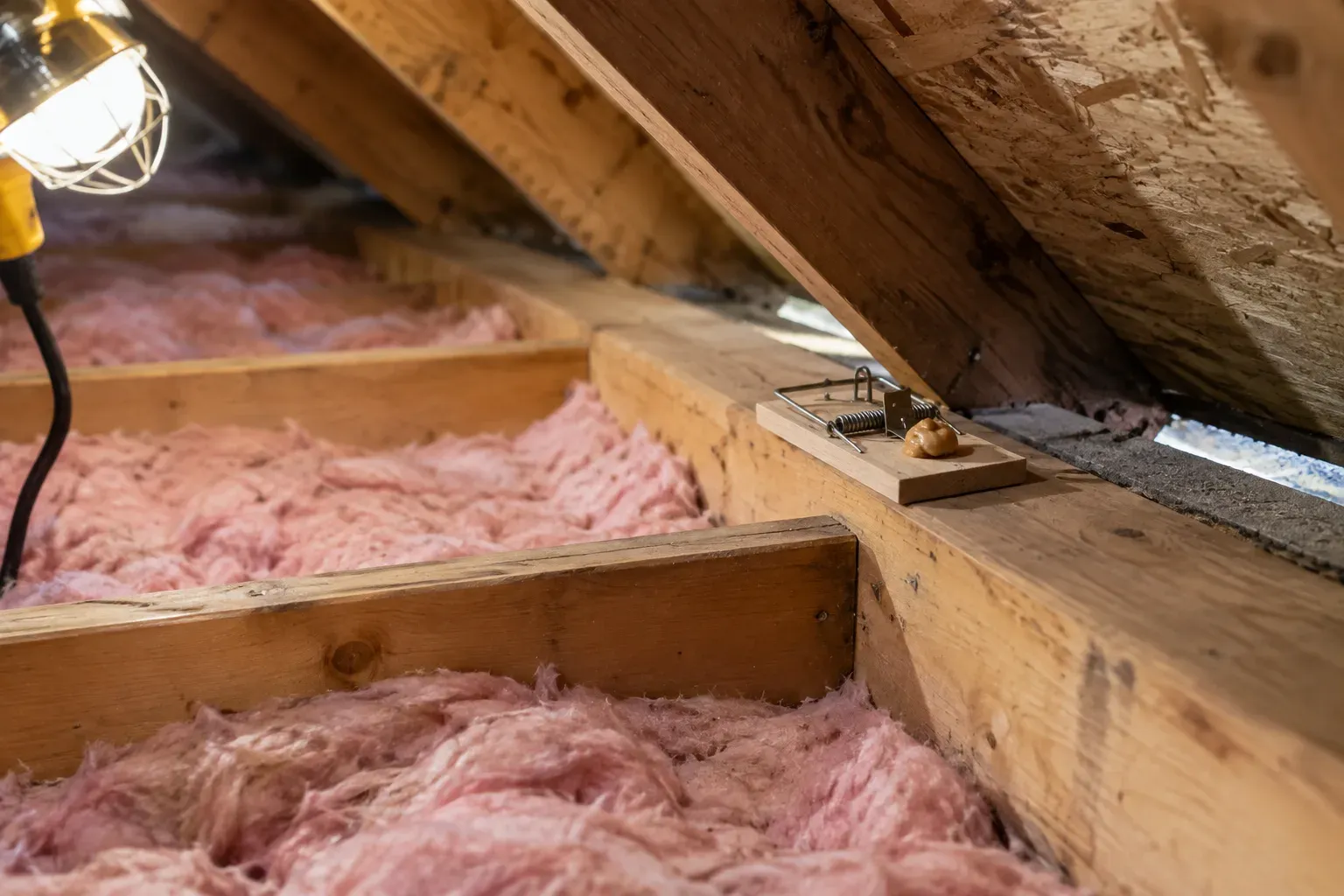 In an unfinished attic lit by a work light, a wooden snap trap sits on a ceiling joist near the eaves, with pink insulation between the joists