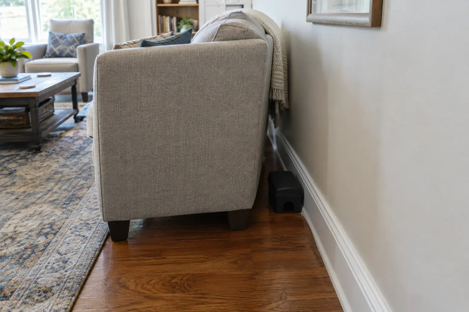 A sofa pulled out from the wall shows a small black covered mouse trap on the wood floor, tight against the baseboard behind it