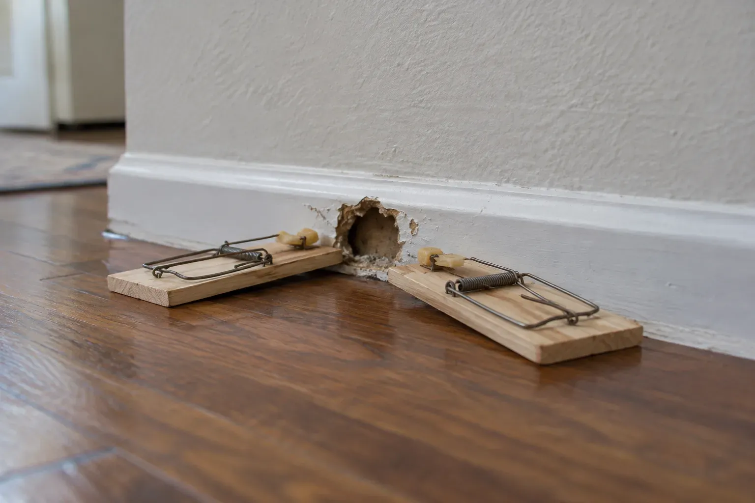 A small chewed hole at the base of a wall with a wooden snap trap set against the baseboard on each side of it