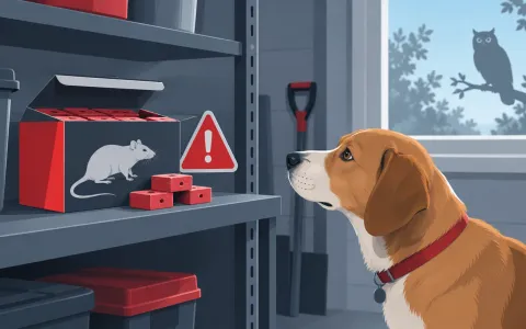 Illustration: box of rodent poison bait blocks on a garage shelf with a red warning triangle, a curious dog and an owl silhouette outside the window, suggesting risk to pets and wildlife.