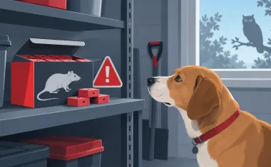 Illustration: box of rodent poison bait blocks on a garage shelf with a red warning triangle, a curious dog and an owl silhouette outside the window, suggesting risk to pets and wildlife.