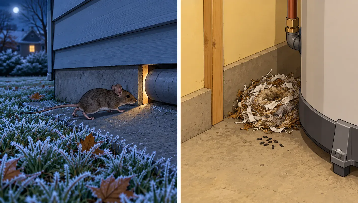 Two panels: on a frosty autumn night a mouse runs along a house foundation toward a gap glowing with warm light; inside, a nest of shredded paper sits beside a water heater