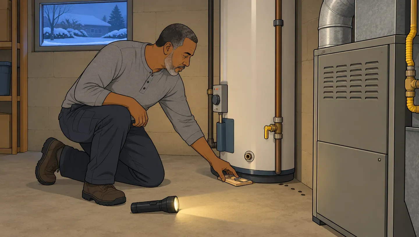 A bearded man in a gray henley kneels beside a basement water heater on a winter evening and sets a snap trap along the wall