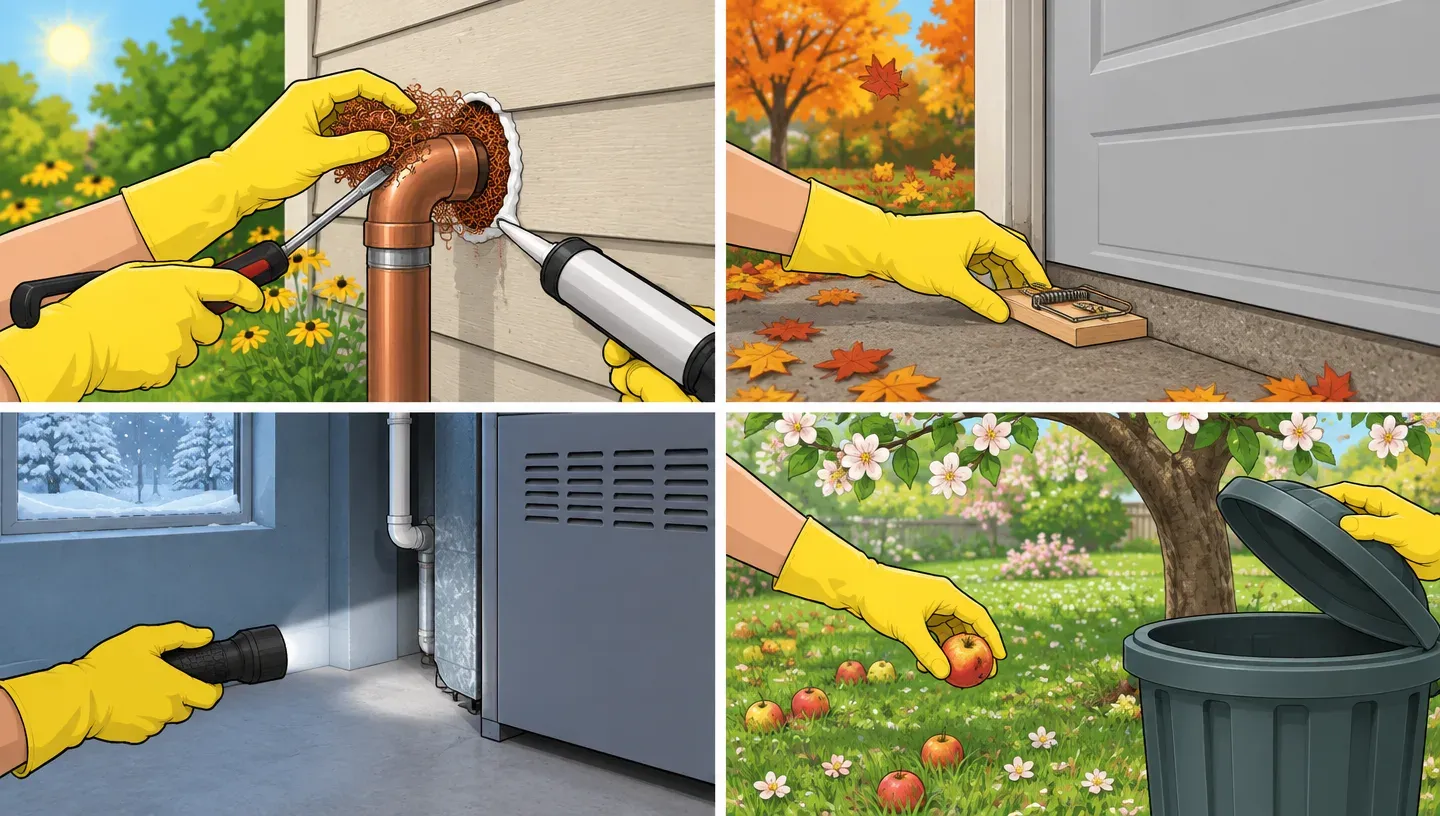 Four panels with gloved hands: packing copper mesh around a pipe, setting a snap trap along a garage wall, shining a flashlight behind a furnace, and picking up fallen fruit under a tree