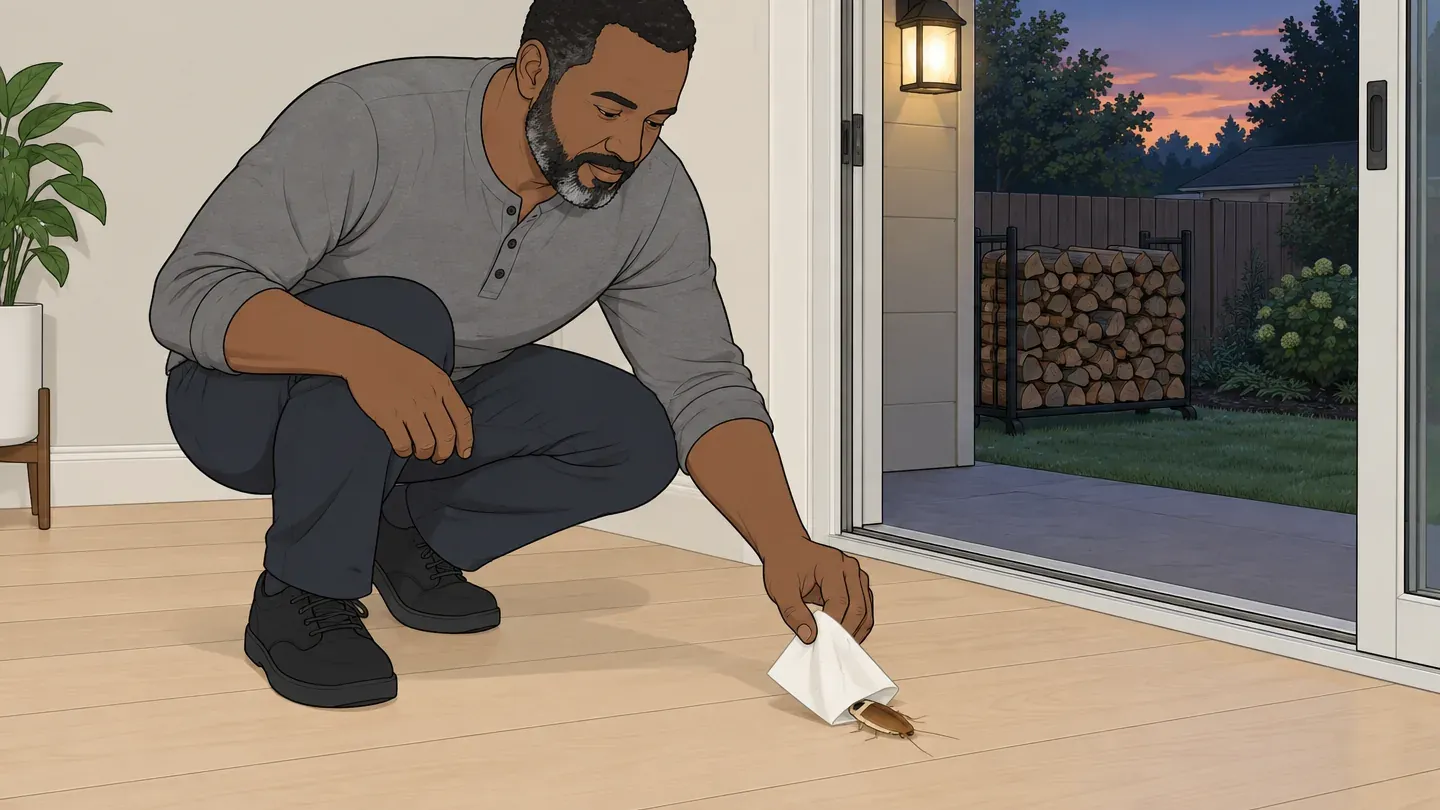 A bearded man in a gray henley picks up a wood roach with a paper towel by an open patio door at dusk