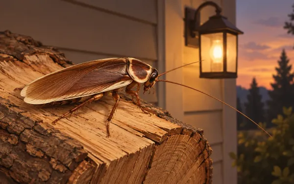 Illustration: accurate close-up of a brown wood cockroach with pale edges on its shield and wings, on a split log of firewood next to a porch light at dusk.