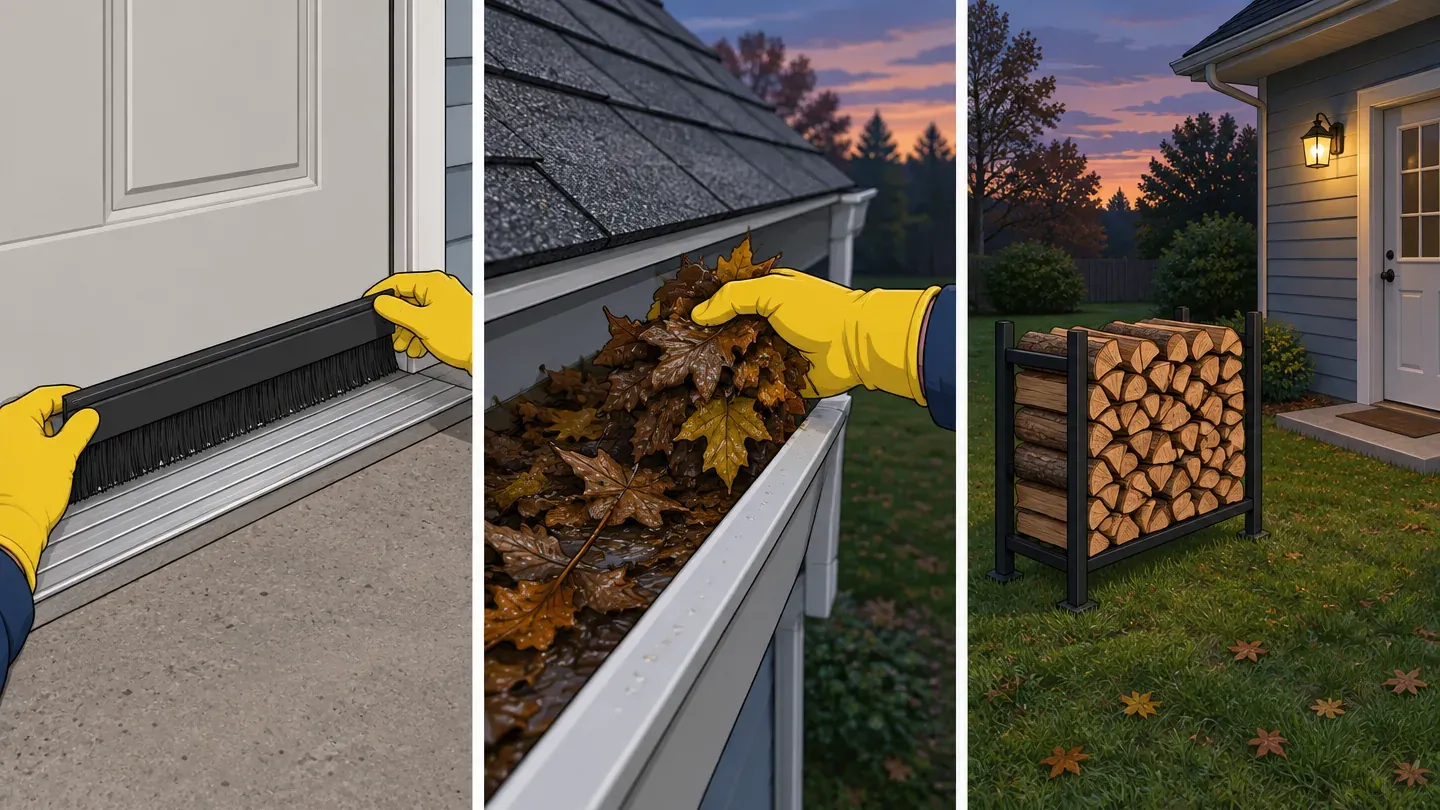 Three panels: gloved hands fitting a door sweep, gloved hands scooping leaves from a gutter, and firewood stacked on a rack away from the house under a yellow porch light